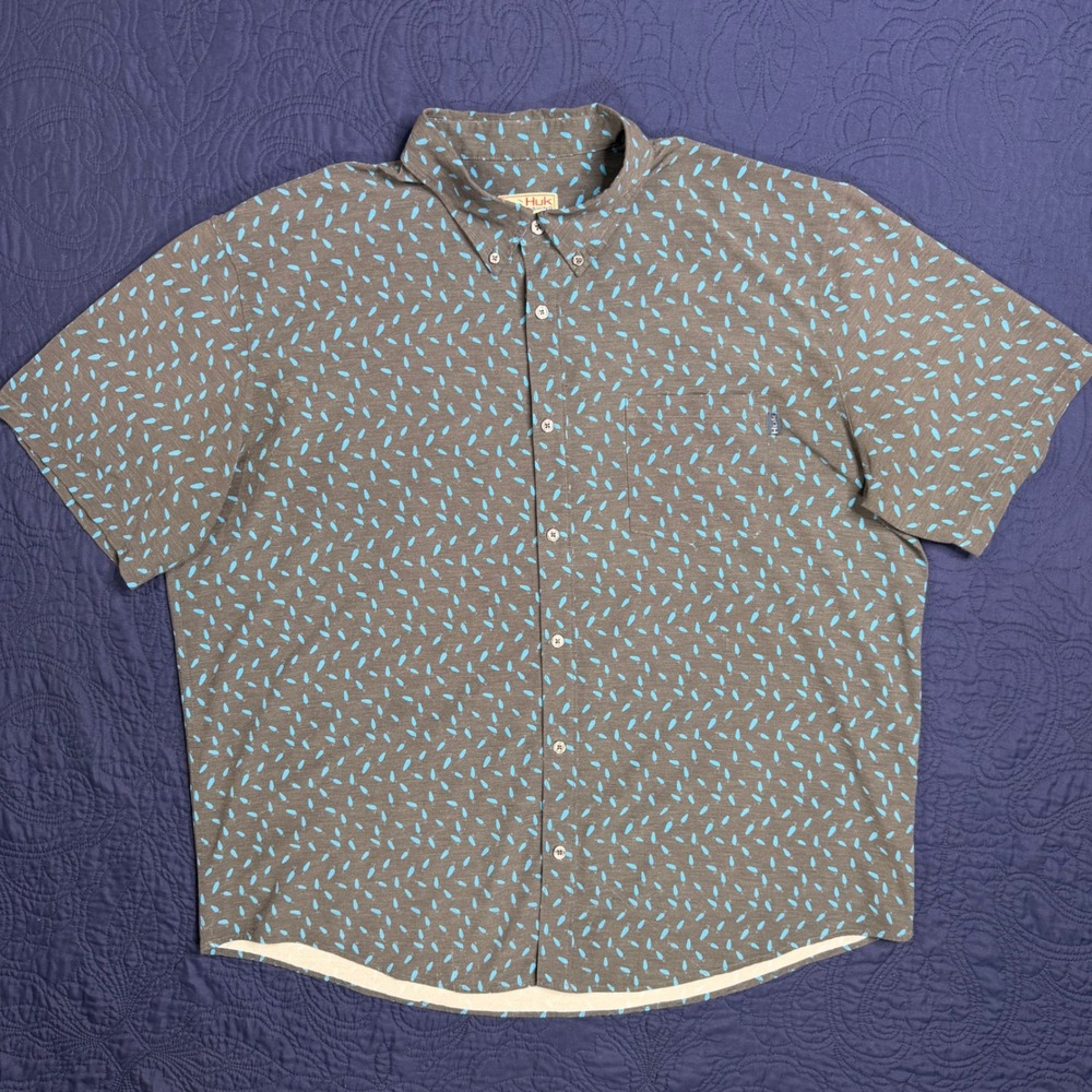 Huk Fishing Shirt Mens 2XL Gray Black Performance Outdoor Short Sleeve Button up
